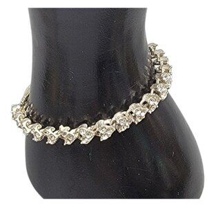 Heart Rhinestone Link Ladies Fashion Bracelet Vintage Colorless Silver Tone 6.5"